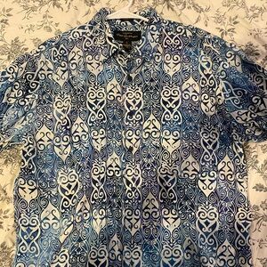Pete Huntington Bali Mens button down navy and white Hawaiian shirt size large